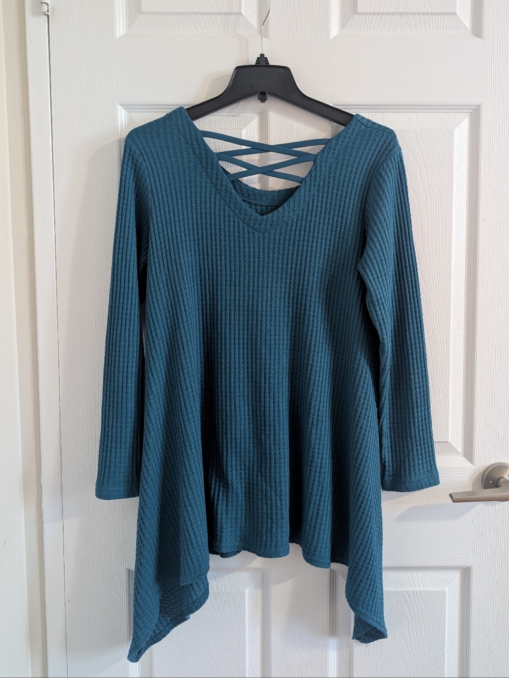 Sympli Teal Blue Waffle Knit Lattice Back Sharkbite Hem Tunic Lagenlook - 8